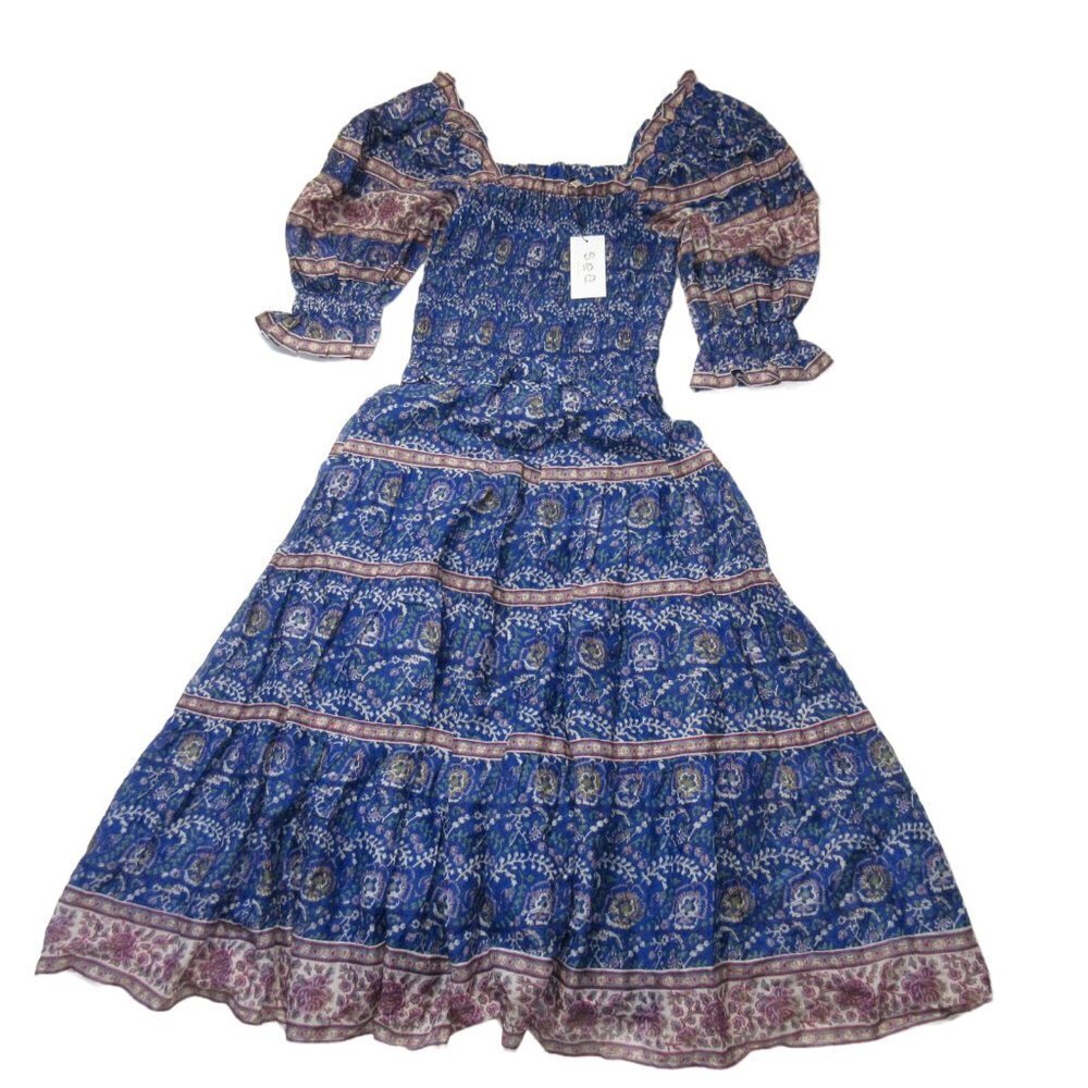 NWT Sea Rosita in Blue Cotton Smocked Puff-Sleeve Tiered Midi Dress XS $395 - Picture 3 of 10